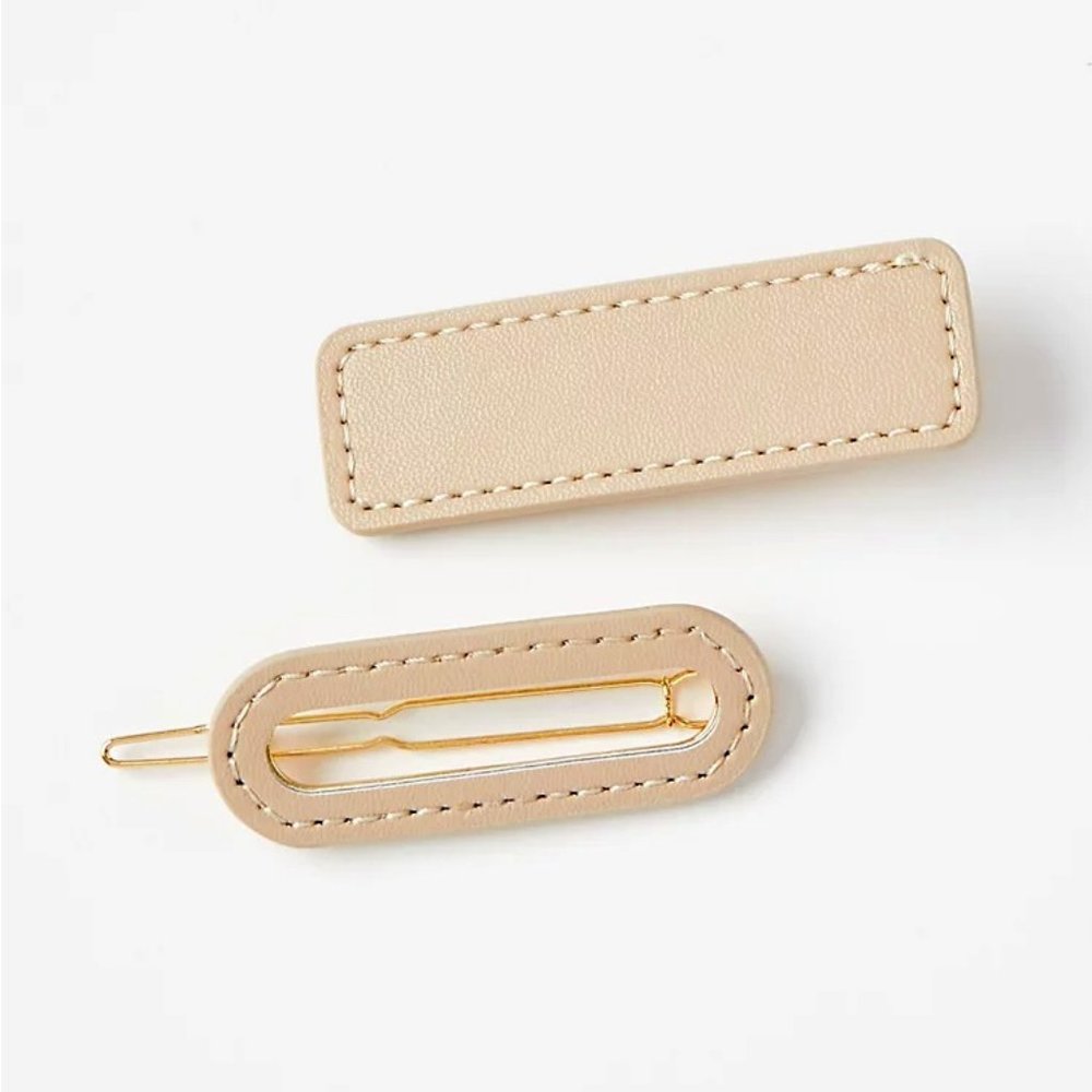 NEW Loft Nude Beige‎ Faux Leather Hair Barrette Clip Set Bundle Set of 2